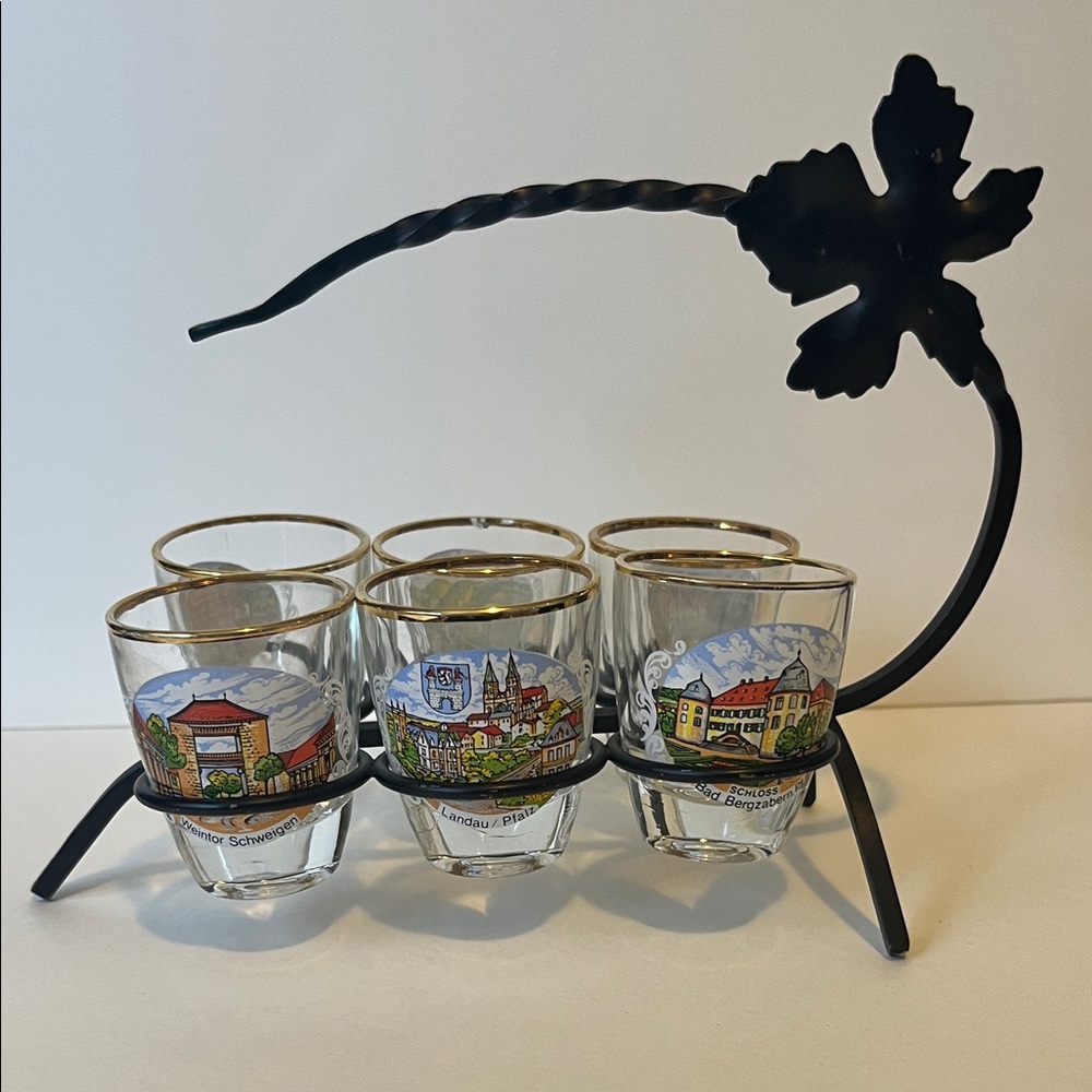 Decorative shot Glass Set with Black Metal Holder